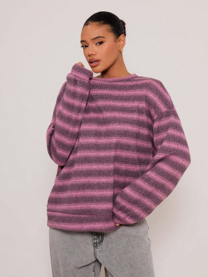 Striped Brushed Sweater Boutique Oversized Drop Shoulder Pullover