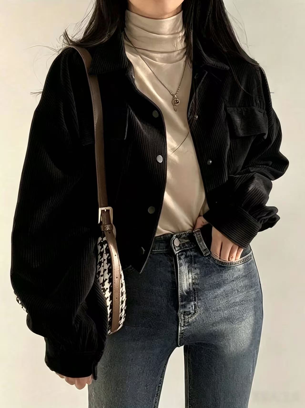 Cropped Corduroy Shacket Drawstring Hem