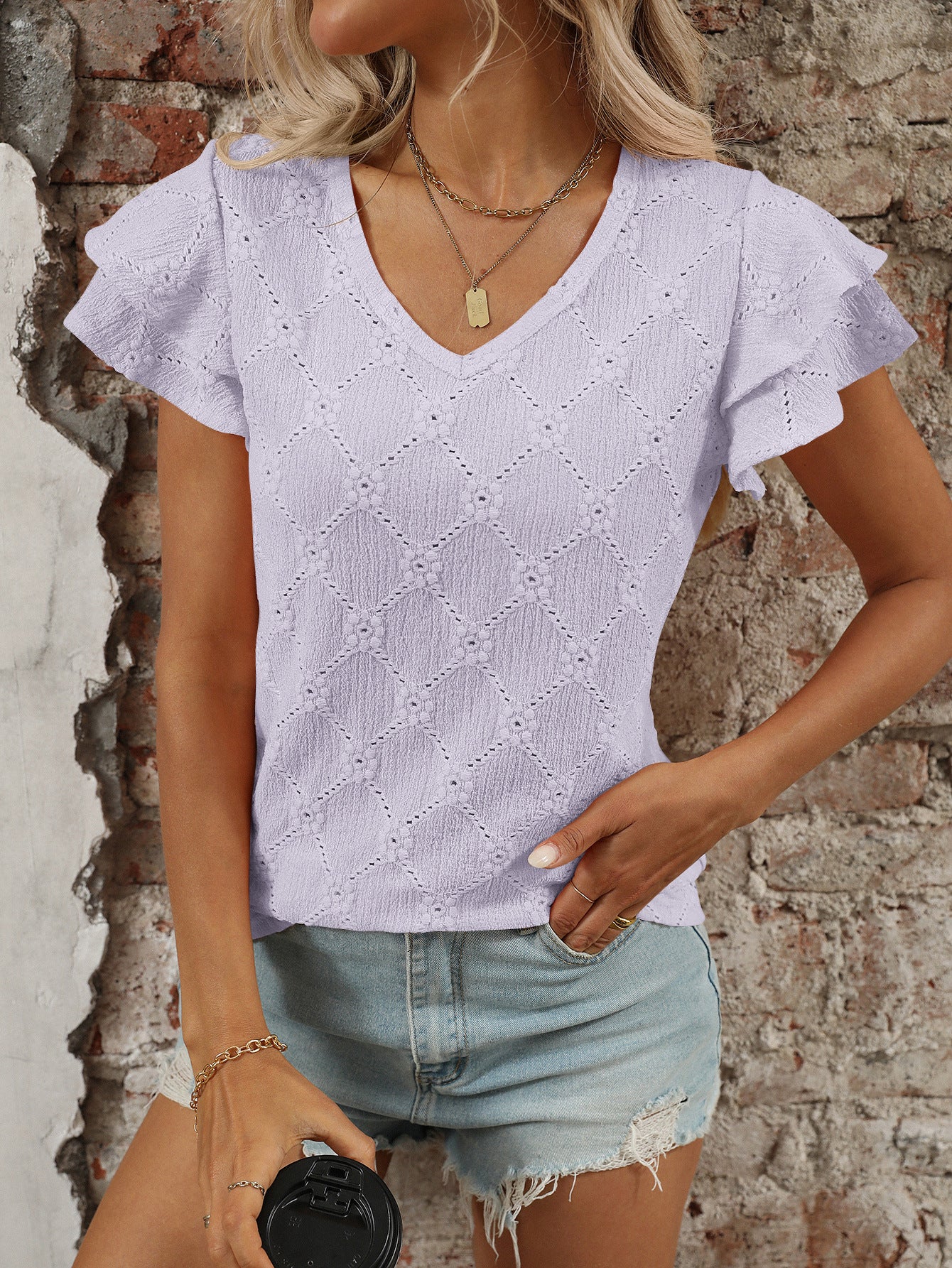 V Neck Eyelet Ruffle Sleeve Knit Summer Casual Top