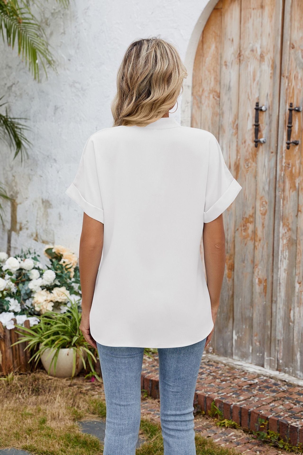 Elegant Solid Color V-Neck Short Sleeve Chiffon Blouse
