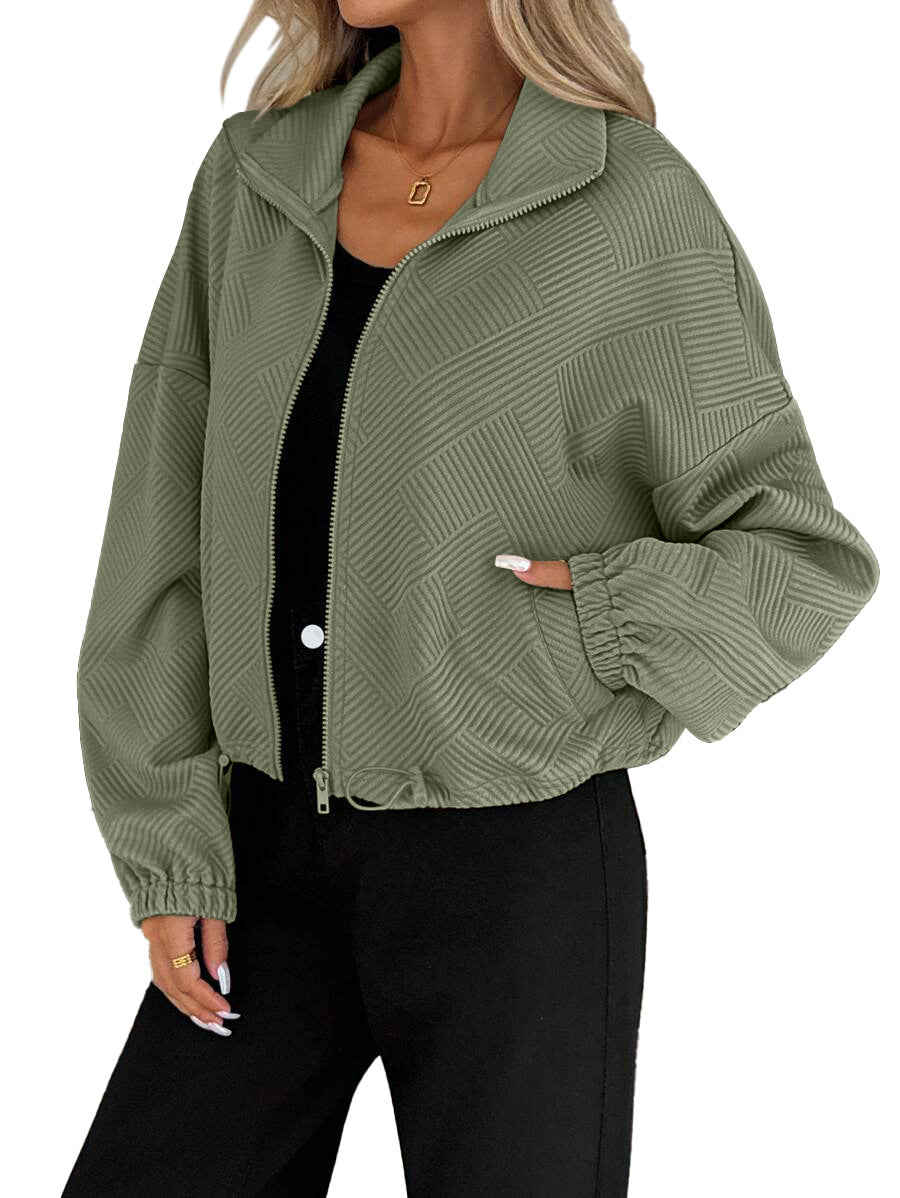 Textured Polyester Jacket Casual Bomber Oversized Zip Up