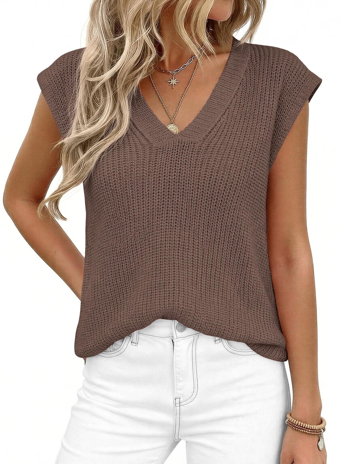 Women’s V Neck Sleeveless Knit Sweater Vest Loose Casual Summer Pullover Top