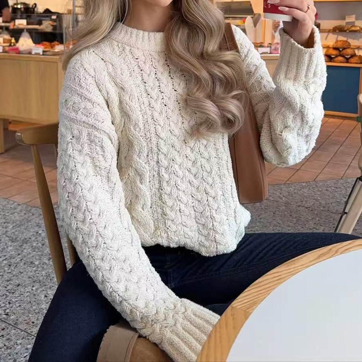 Women's Oversized Cable Knit Crew Neck Sweater