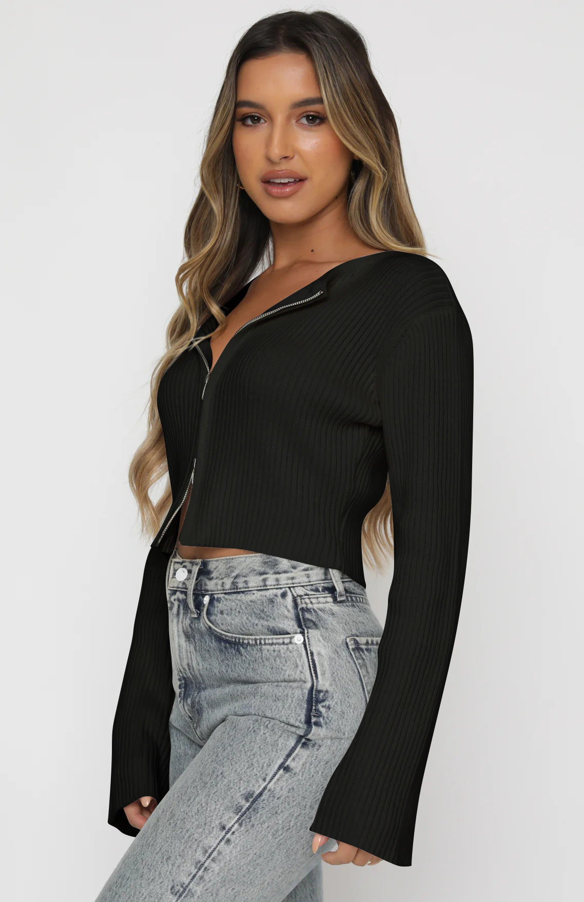 Trendy Zip-Up Cropped Knit Sweater for Women