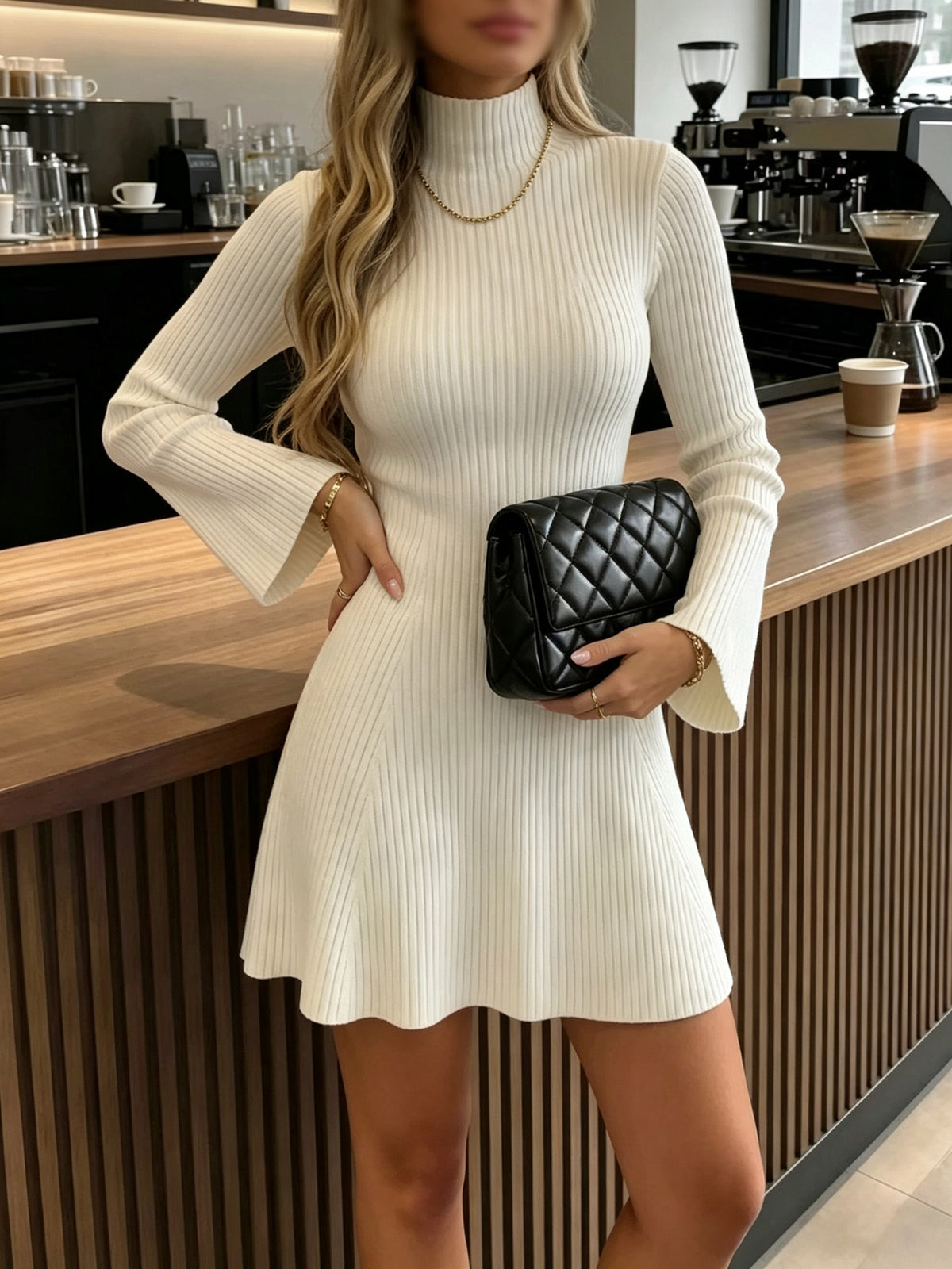 Women's Ribbed Mock Neck Long Sleeve Bodycon Mini Dress
