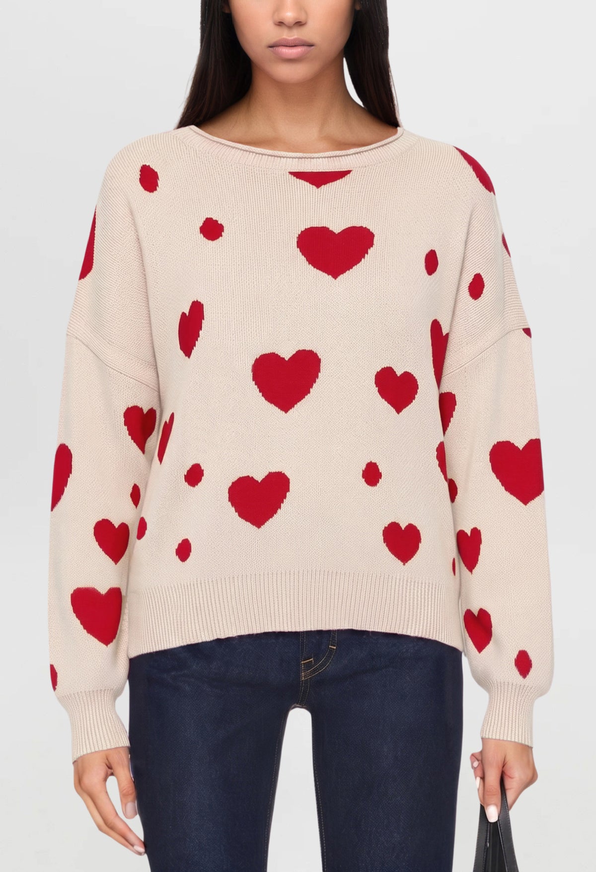 Women's Heart Print Oversized Crewneck Knit Sweater