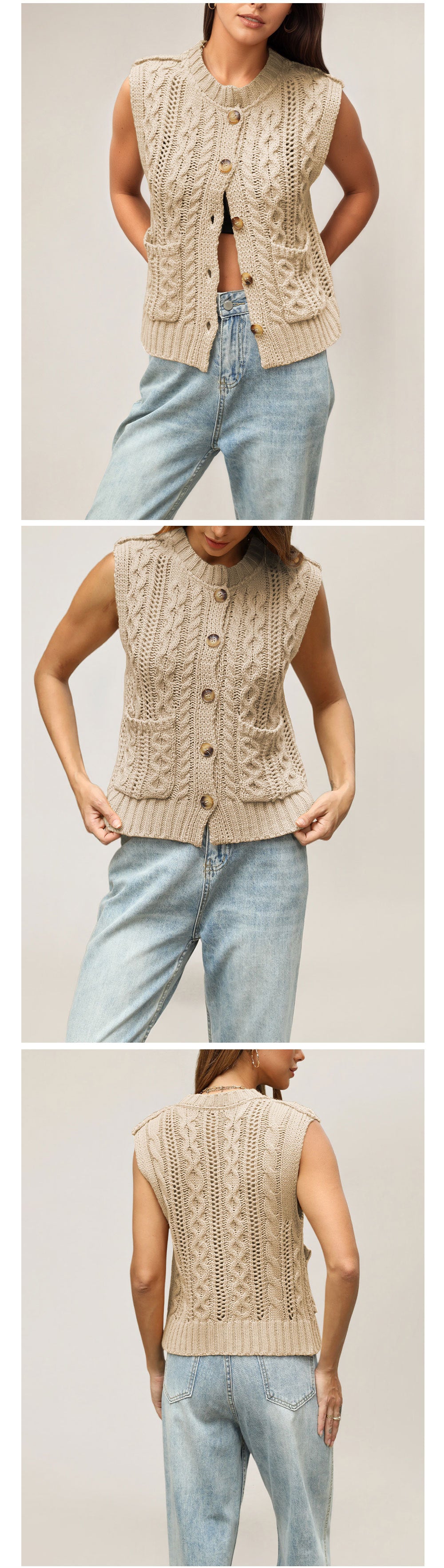 Pocket Knit Vest Sleeveless Cardigan Sweater Casual Layering