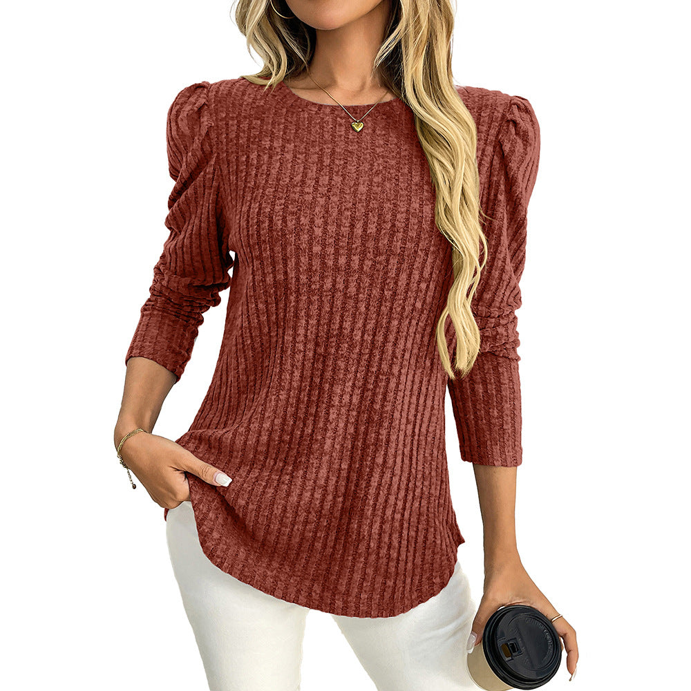 Women’s Long Sleeve Ribbed Top Puff Sleeve Crew Neck Tee