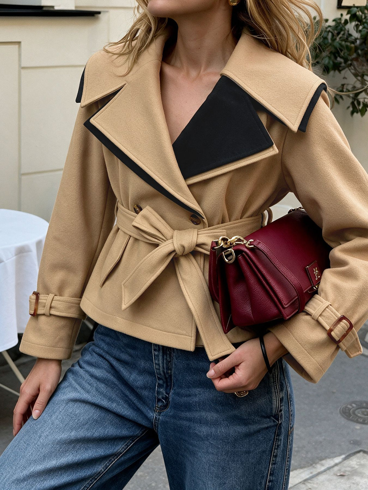 Women's Color Block Belted Cropped Short Coat