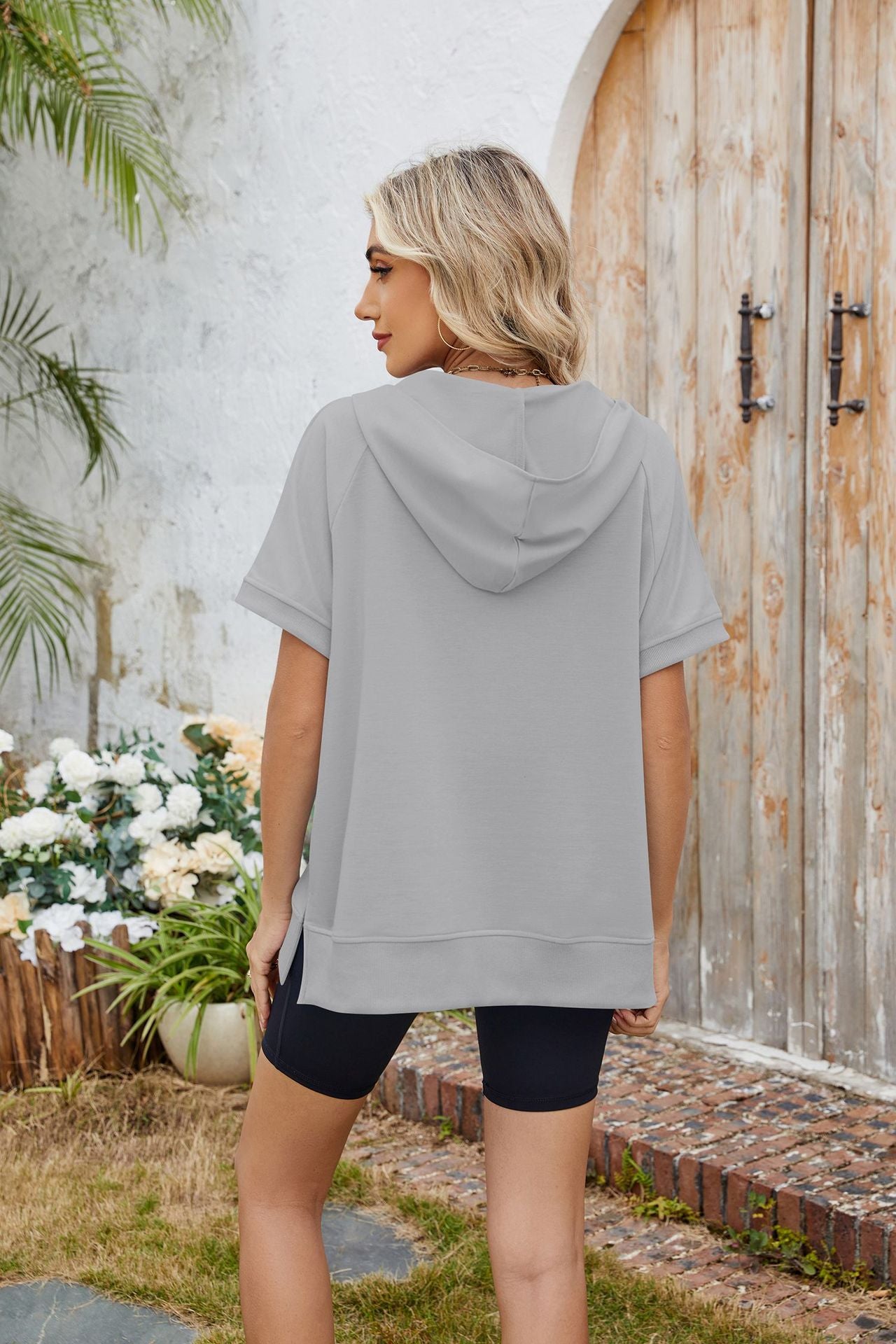 Hooded Short Sleeve Zipper Pocket Sweatshirt