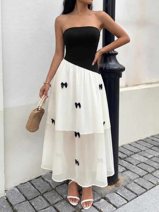 Women Strapless Bow Detail Tiered Maxi Dress