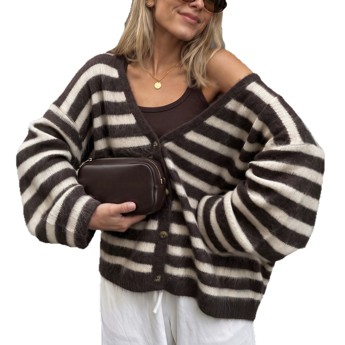 Women's Striped V-Neck Button Front Cardigan