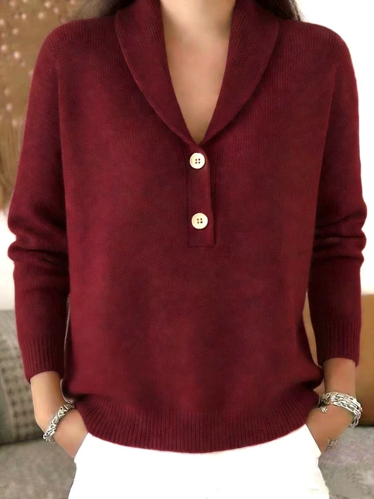Solid Knit Polo Collar Sweater Button Front Relaxed Fit