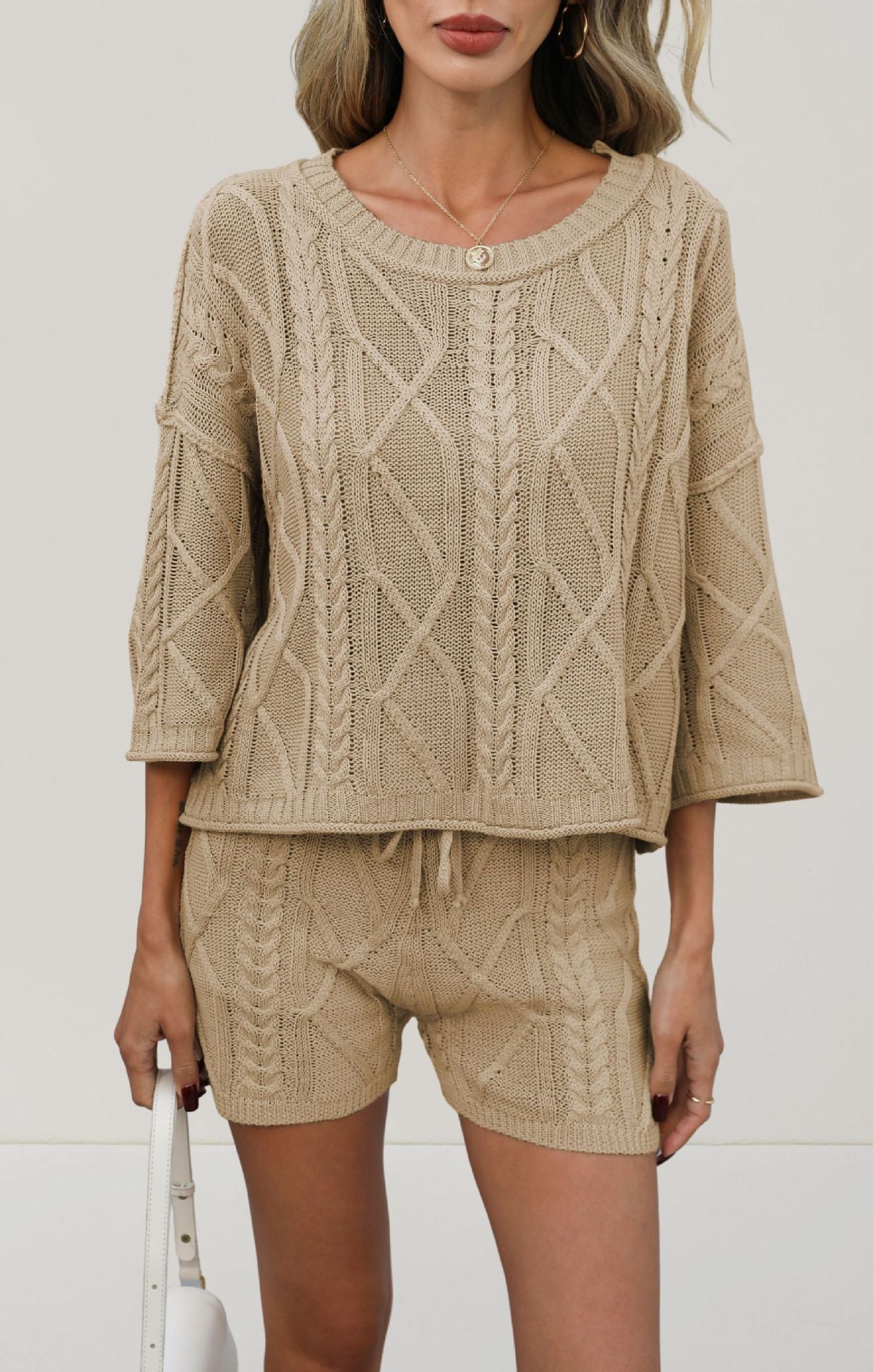 Khaki Knit Lounge Set Cable Textured Top Shorts Set