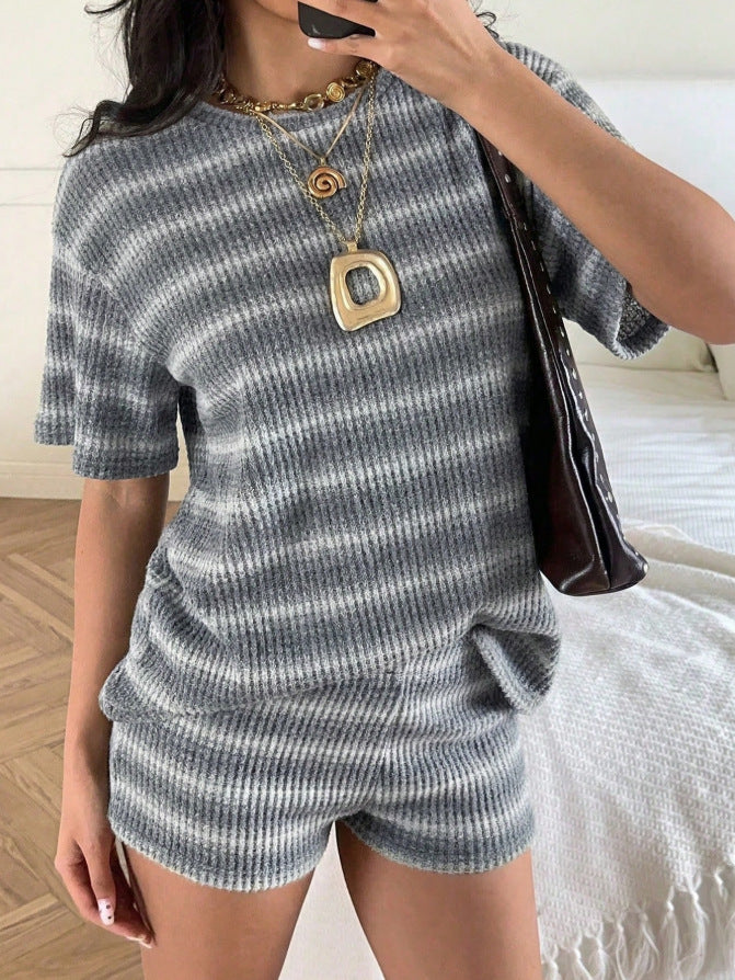 Striped Knit Lounge Set Boutique Shorts Fitted Ribbed