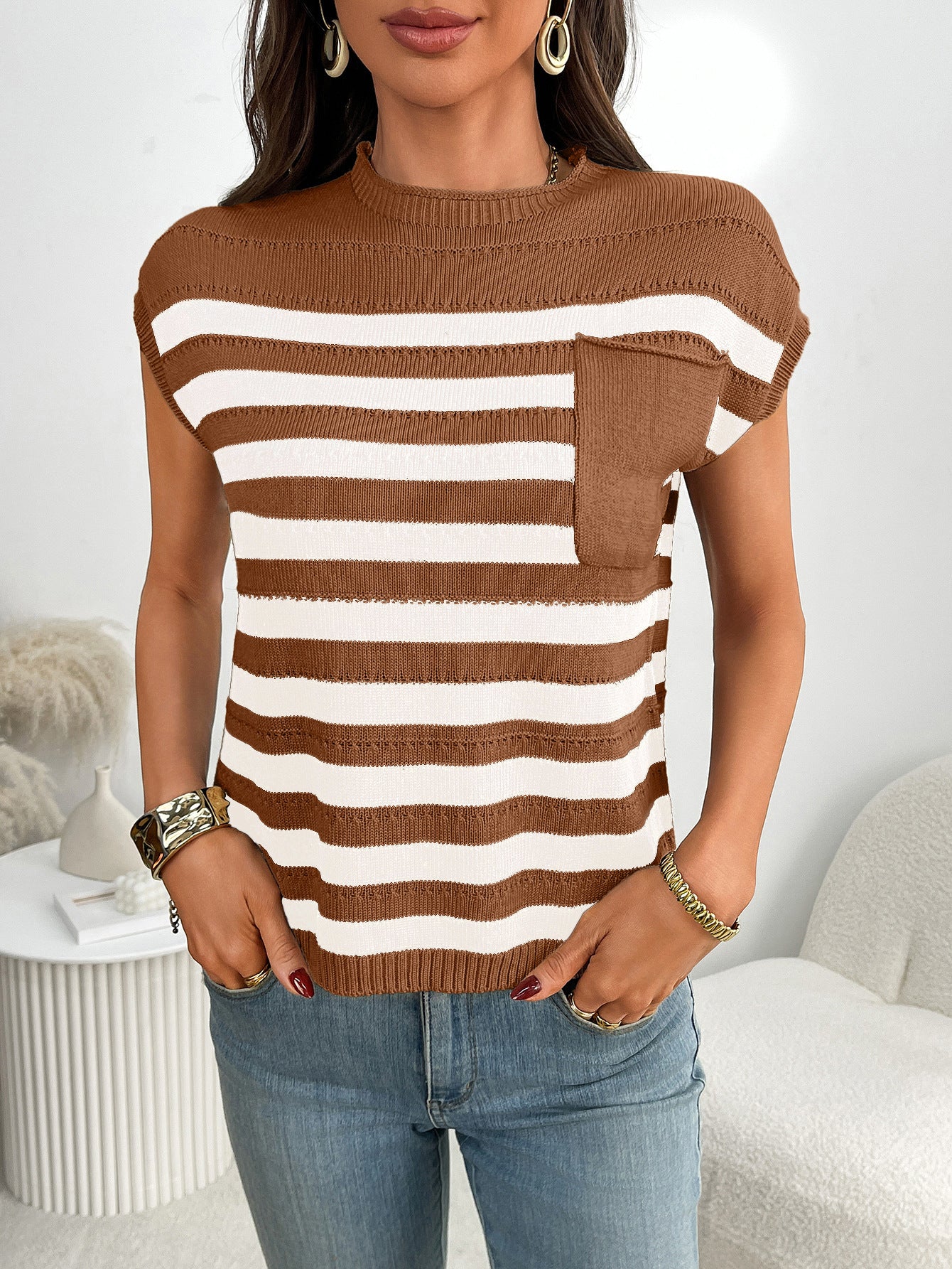 Women’s Striped Knit Top Crew Neck Sleeveless Summer Tee