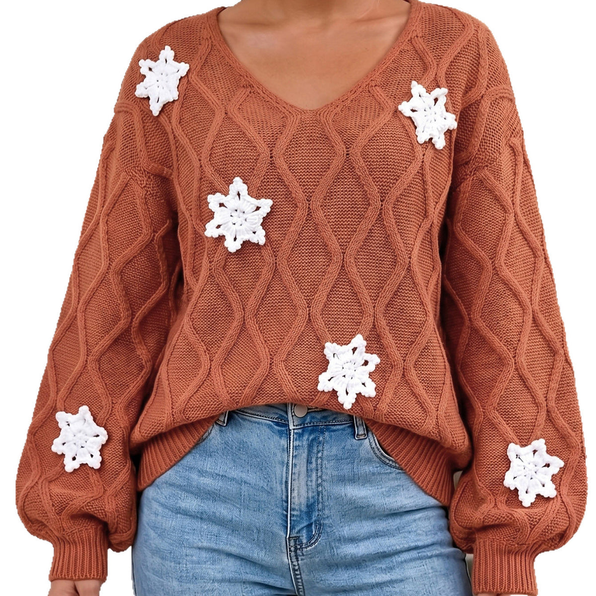 Women's V Neck Cable Knit Snowflake Christmas Sweater