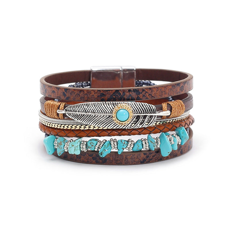 Boho Leather Feather Turquoise Wrap Bracelet for Women