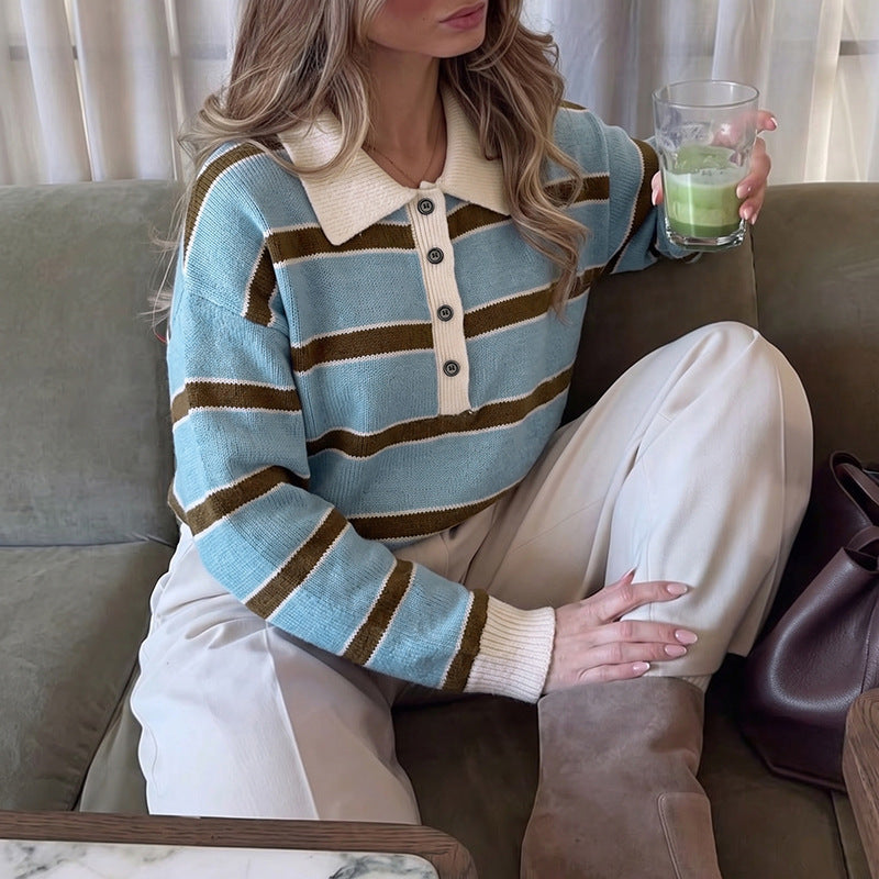 Striped Acrylic Sweater Preppy Polo Collar Relaxed Fit
