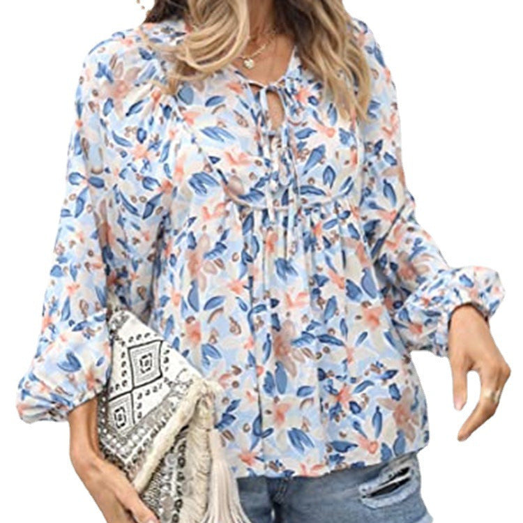 Floral Tie Neck Blouse Ruffle Long Sleeve Relaxed Fit