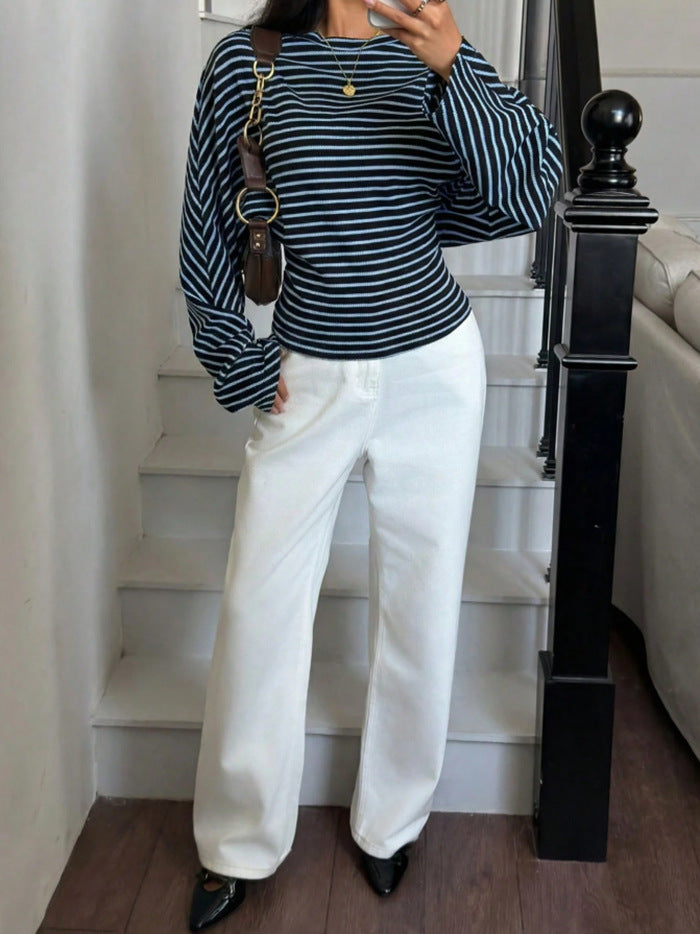 Women's Striped Batwing Waffle Knit Long Sleeve Top