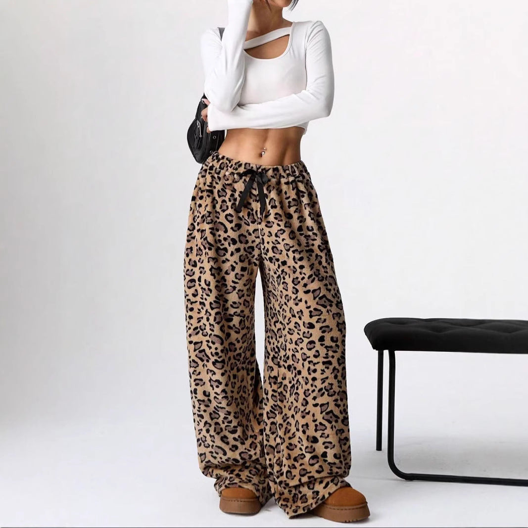 Leopard Print Wide Leg Lounge Pants High Waist Drawstring