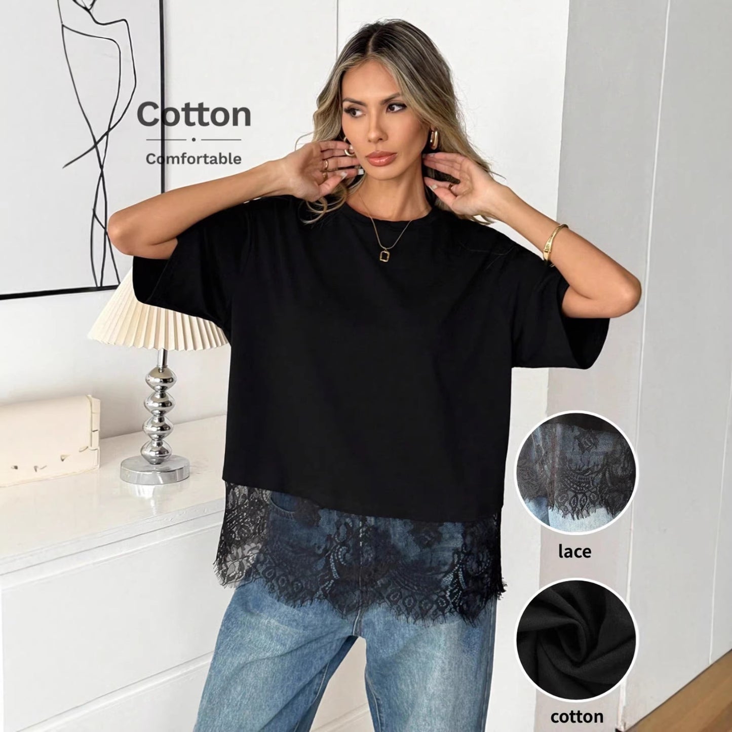 Women Lace Hem Loose Short Sleeve T Shirt