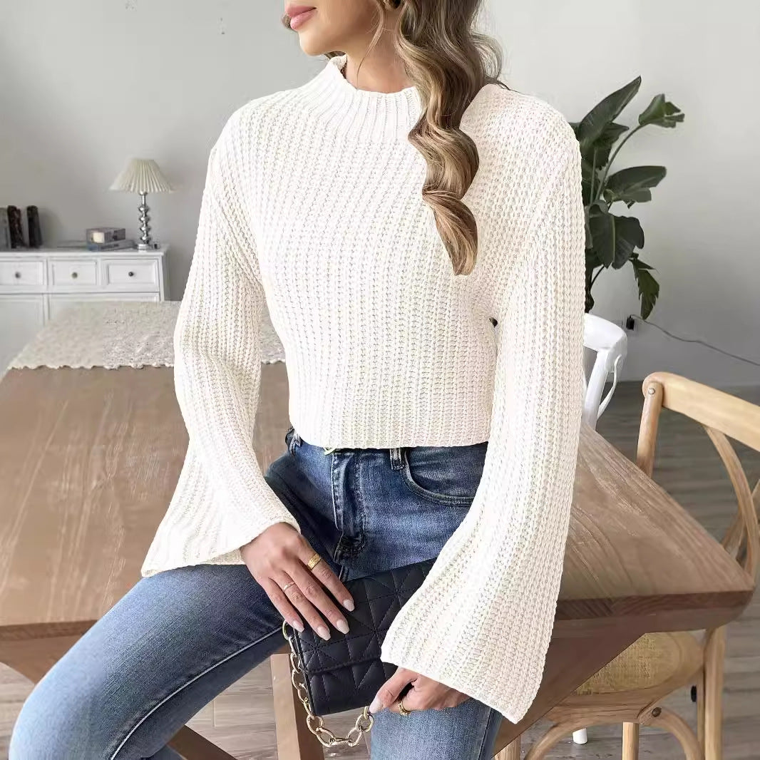 Women's Cropped Mock Neck Bell Sleeve Knit Sweater