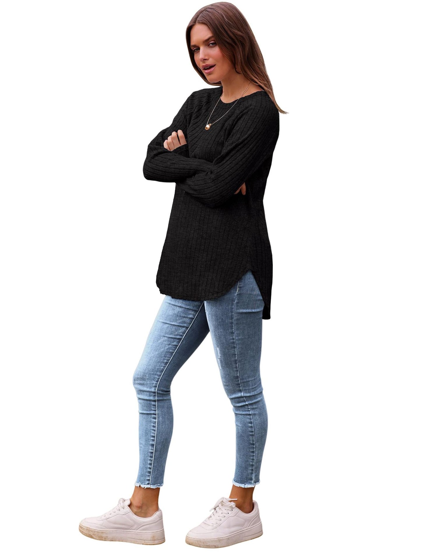 Solid Ribbed Knit Tunic Top Curved Hem Long Sleeve