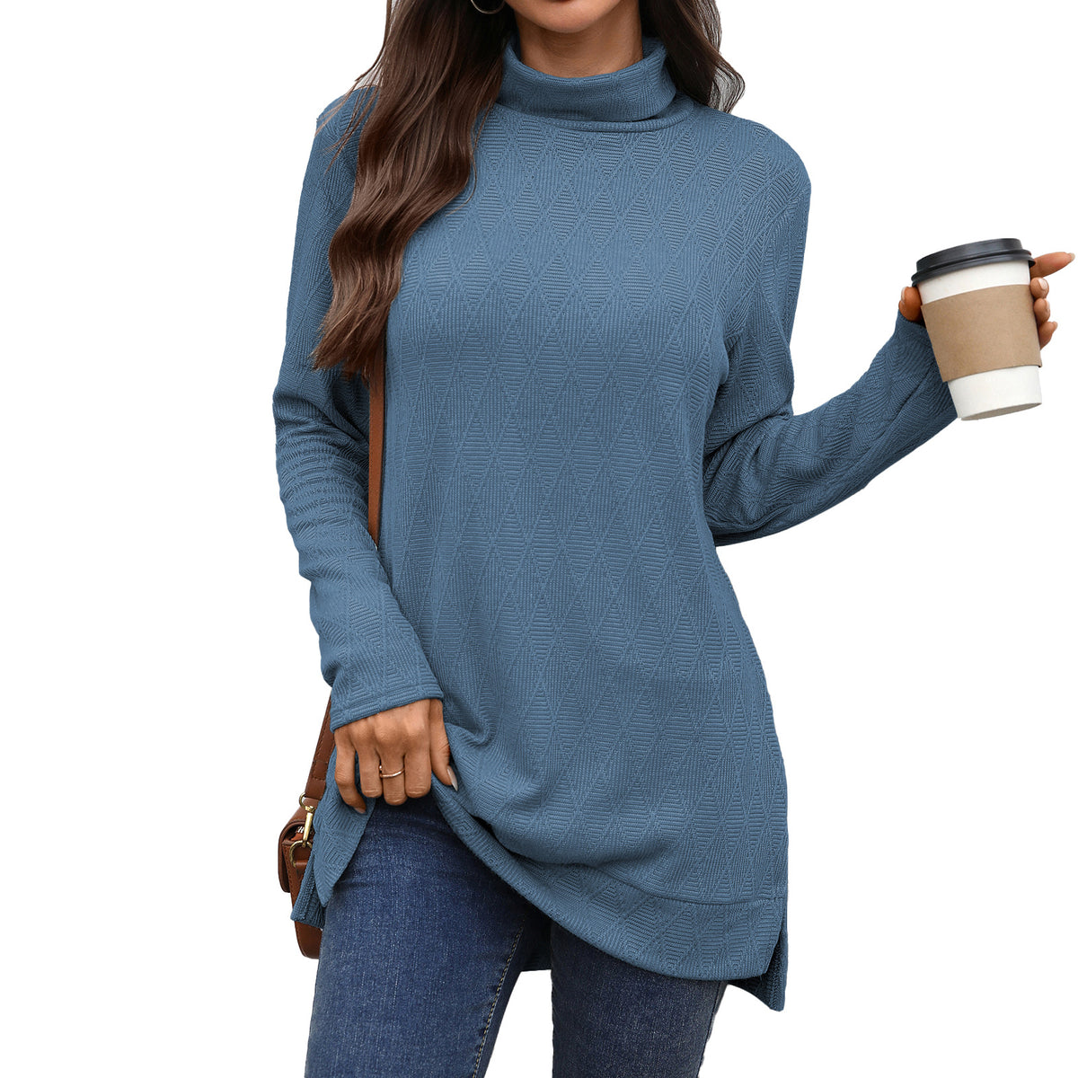 Oversized Turtleneck Long Sleeve Side Slit Tunic Top