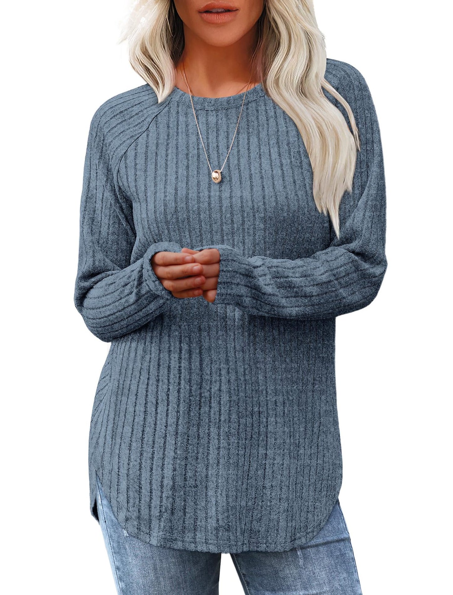 Solid Ribbed Knit Tunic Top Curved Hem Long Sleeve