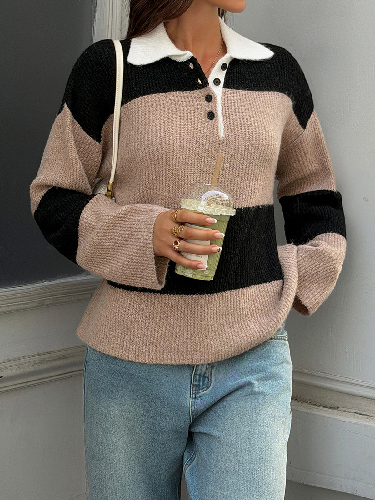 Women's Striped Polo Collar Knit Sweater Pullover
