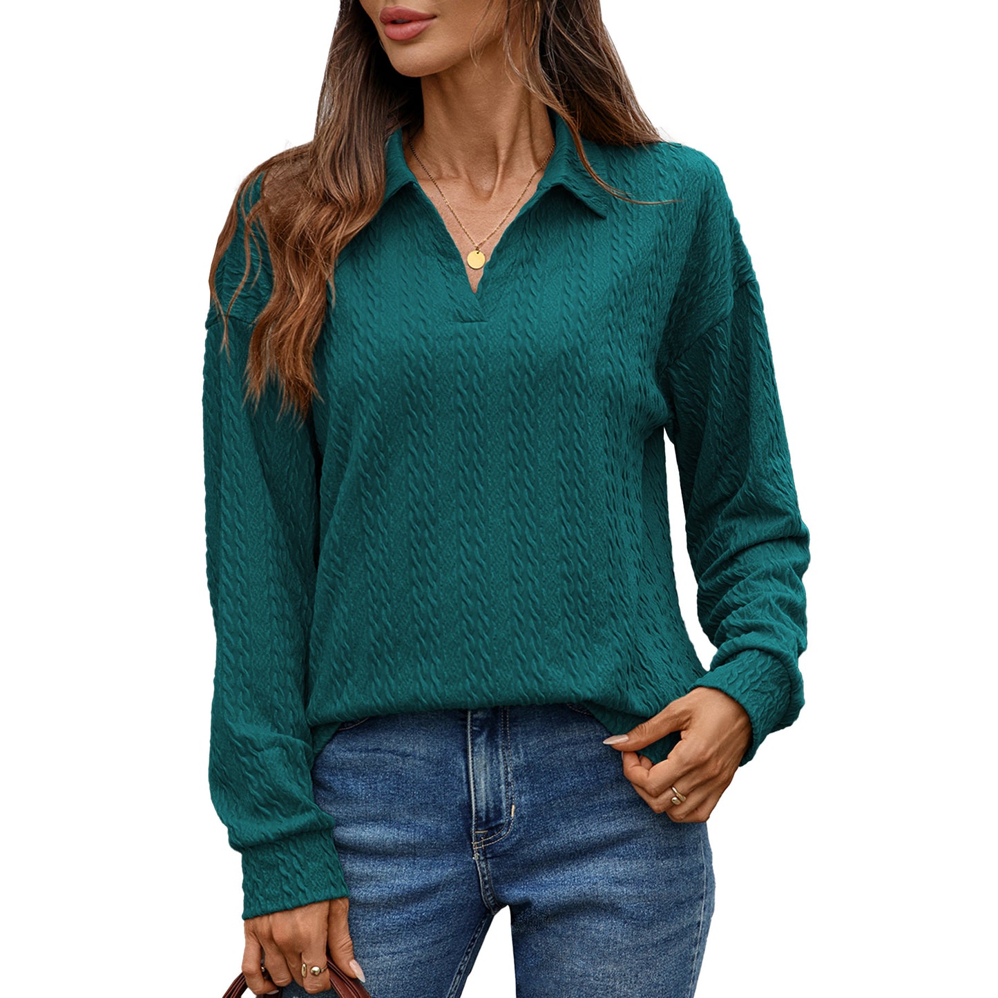 Women's Collared Long Sleeve Solid Pullover Top