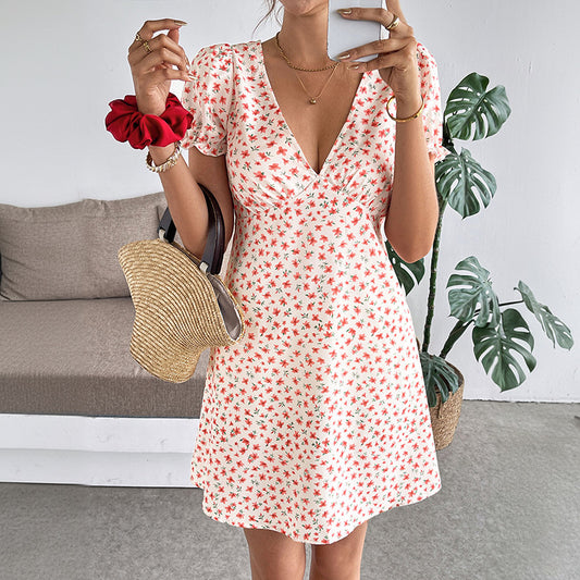 2026 Summer Floral Deep V Neck Puff Sleeve Mini Dress