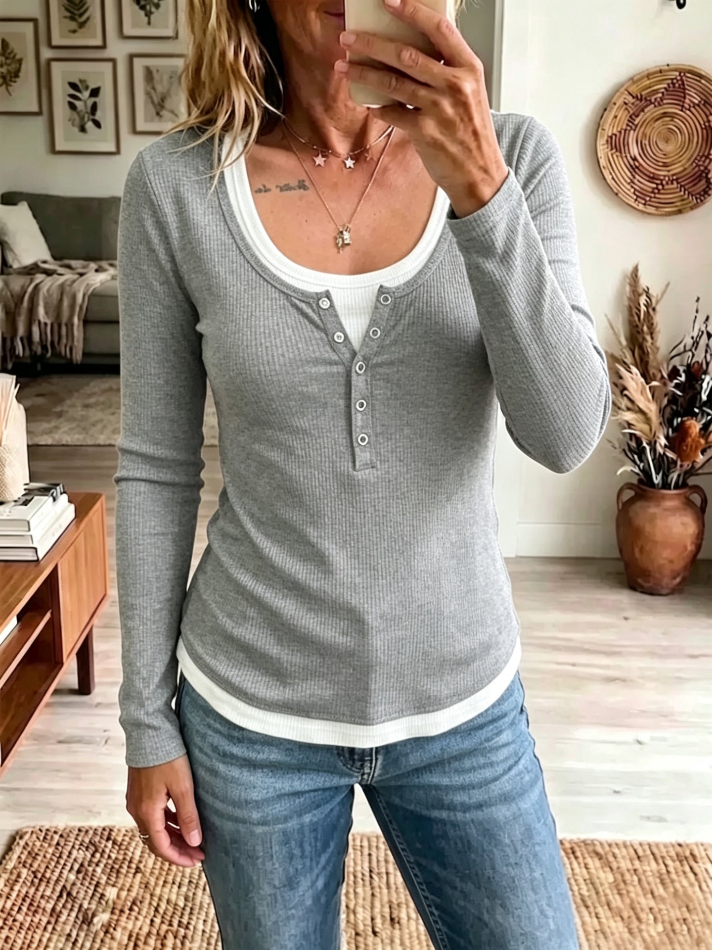 Ribbed Henley Top Layered Look Long Sleeve