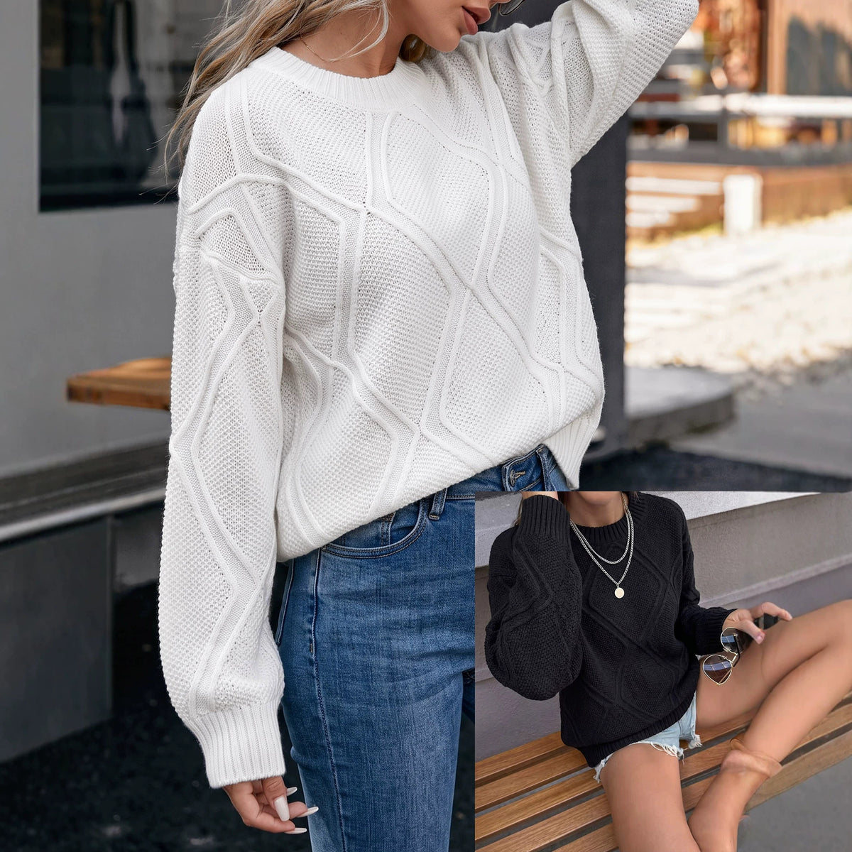 Women's Oversized Diamond Cable Knit Crew Neck Sweater