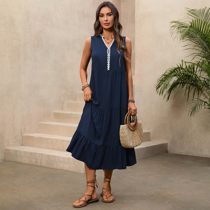 Contrast Trim V Neck Sleeveless Tiered Maxi Dress