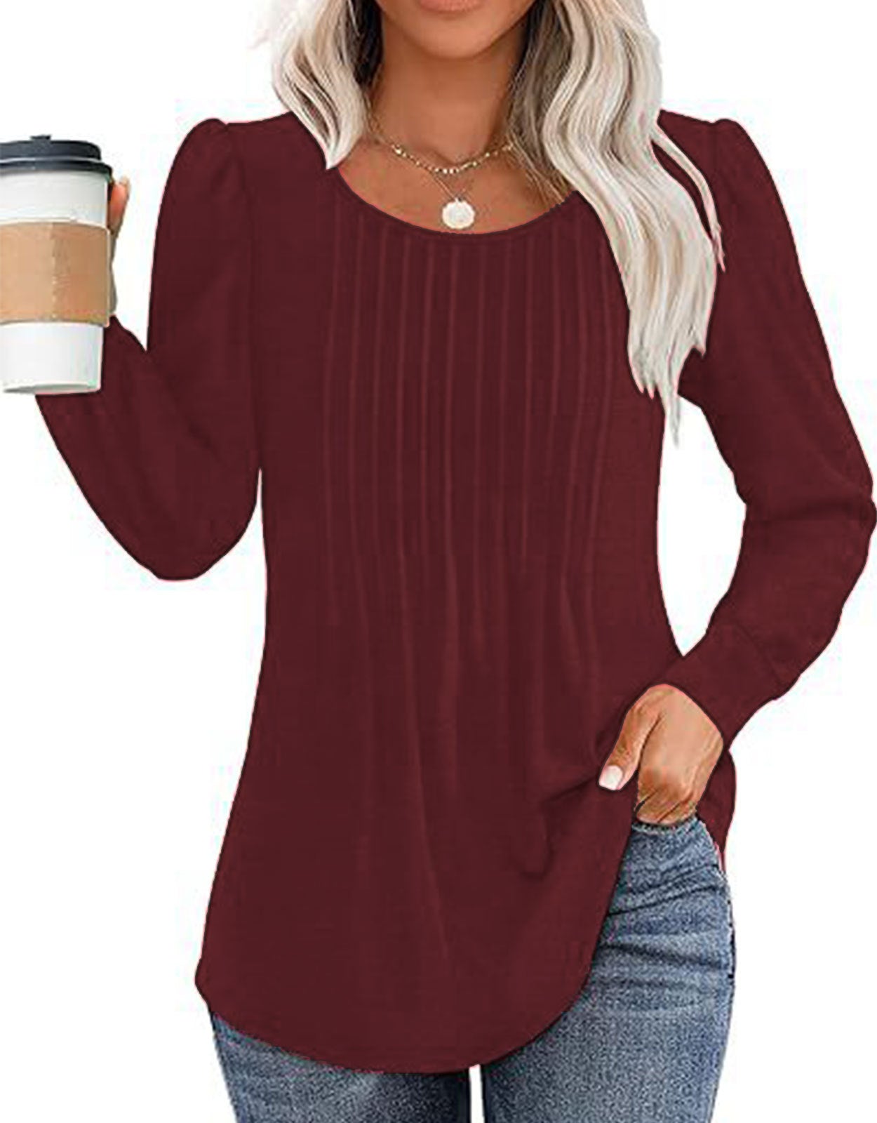 Solid Cotton Top Casual Pleated Puff Sleeve