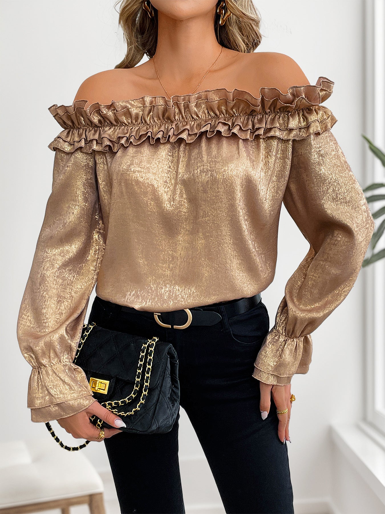 Gold Off Shoulder Ruffle Hem Long Sleeve Party Blouse