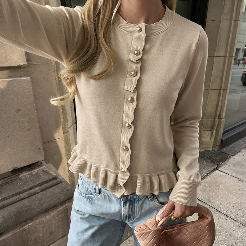 Ruffle Knit Cardigan Button Front Long Sleeve Sweater