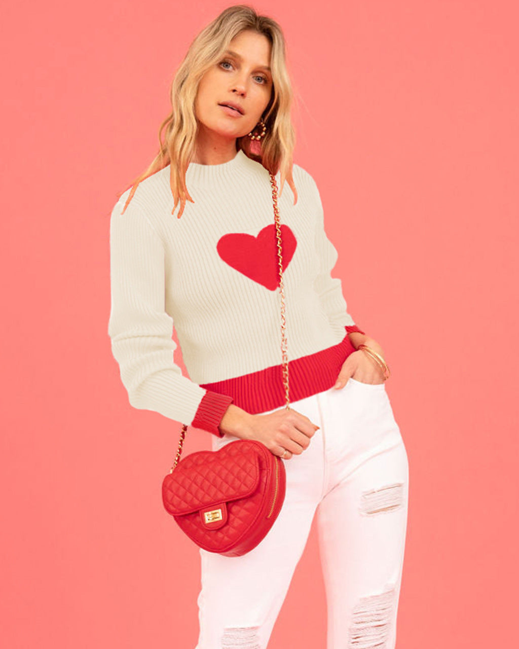 Women's Colorblock Heart Mock Neck Cropped Sweater