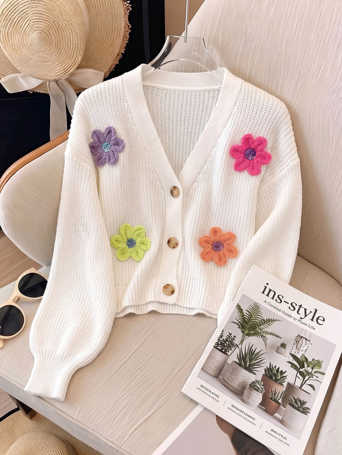 Women's 3D Flower Cropped Cardigan Oversized V-Neck Knit