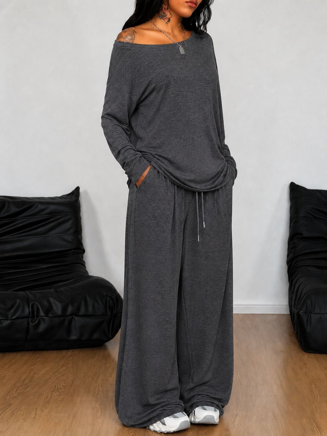 Off Shoulder Wide Leg Pants Set Casual Lounge Two Piece