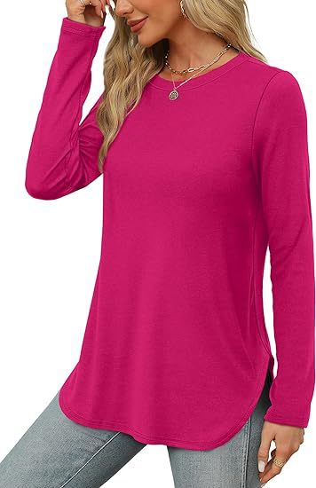 Women's Casual Long Sleeve Tunic Top Round Neck Side Slit