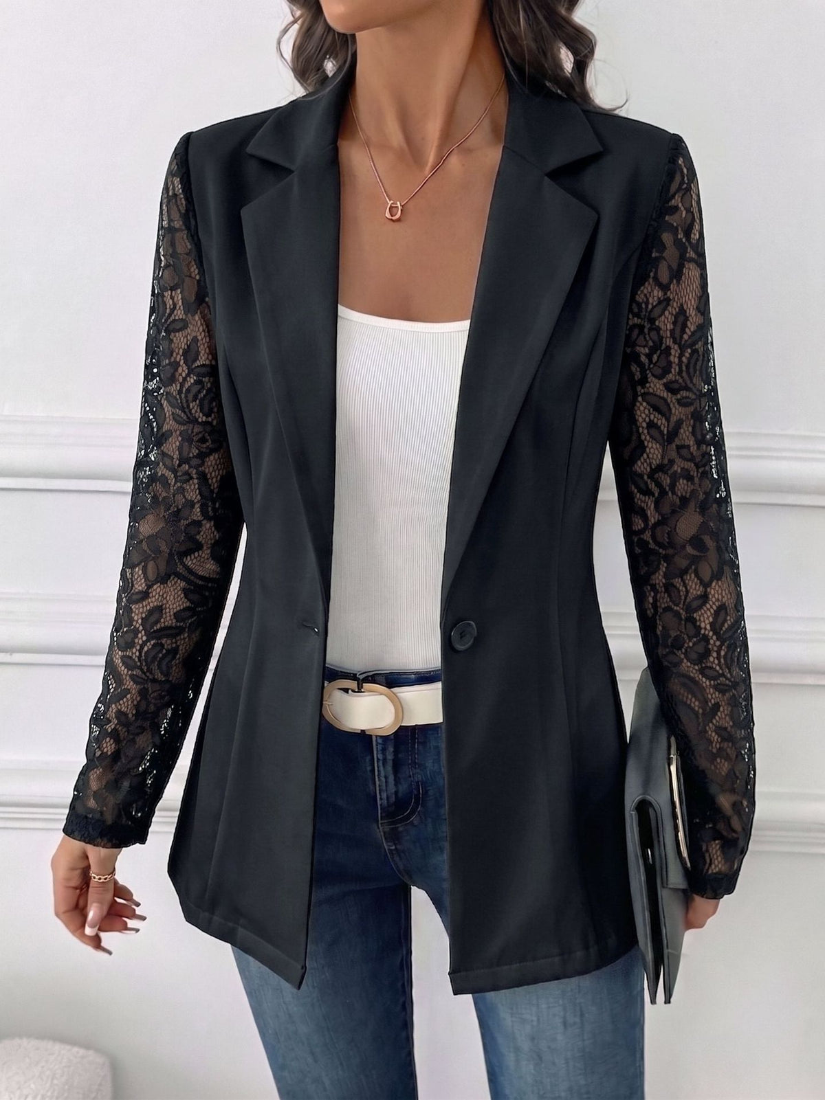 Womens Lace Sleeve One Button Fitted Blazer