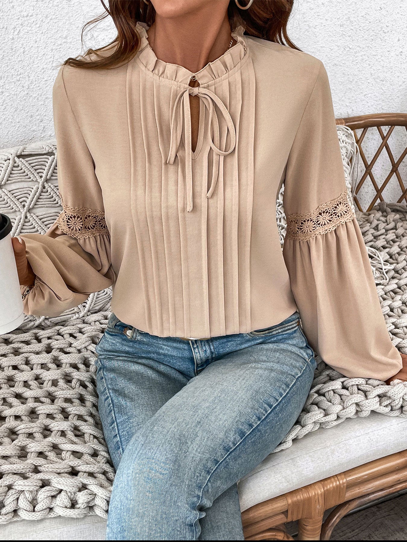 Elegant White Lace V-Neck Pleated Blouse for Spring & Fall