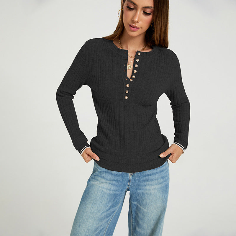 Women's Ribbed Henley Sweater Long Sleeve Fitted Top
