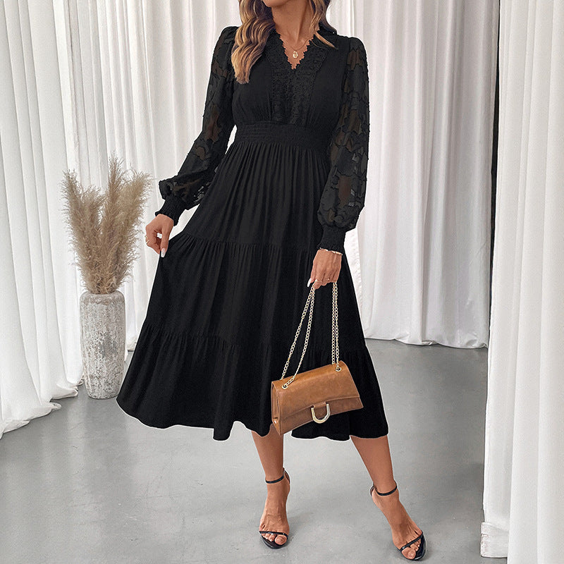 Elegant V Neck Lace Long Sleeve Black Midi Dress