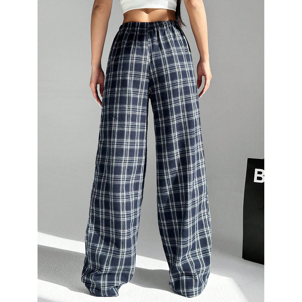 Gingham Check Wide Leg Casual Pants