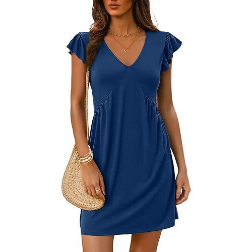 V Neck Flutter Sleeve Ruched Mini Dress for Women